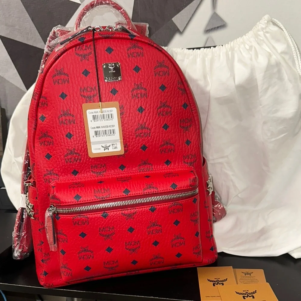 MCM Stark Side Studded Red Visatos Monogram Backpack with Leather Trim - Picture 11 of 16